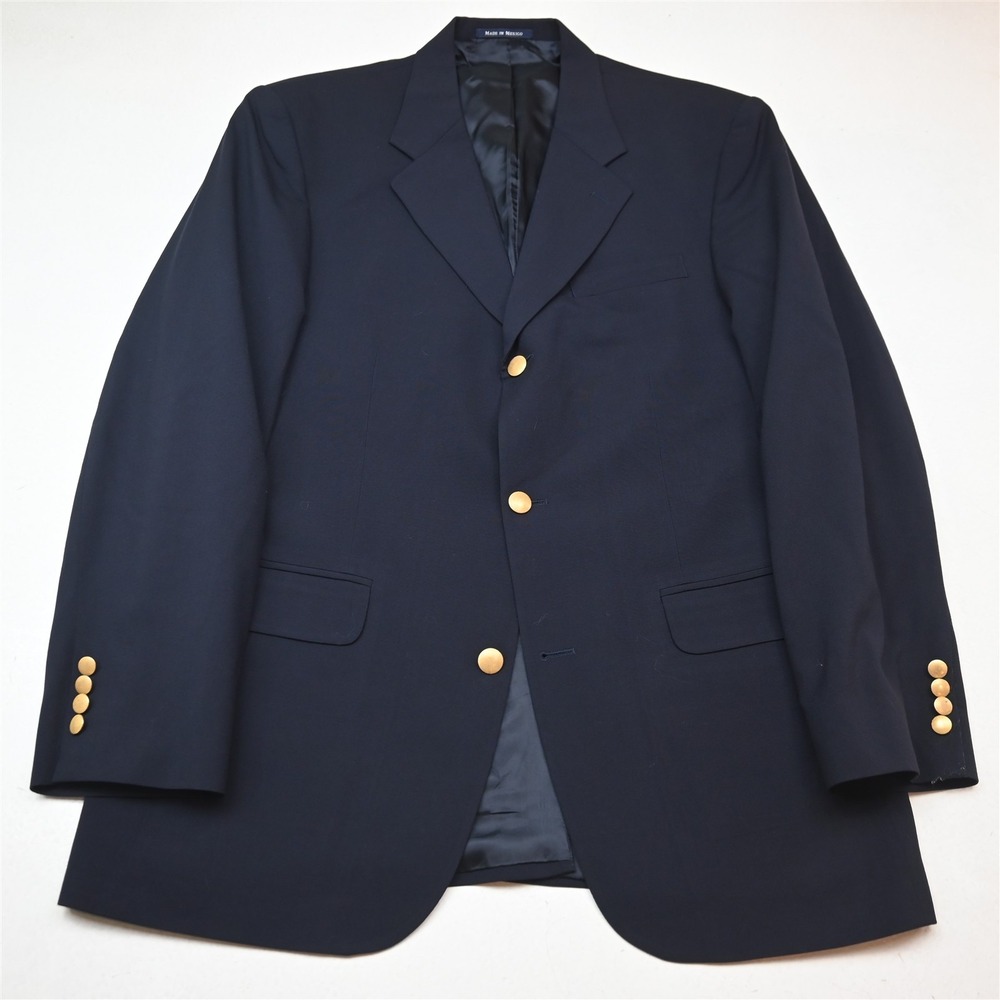 Vtg Lands End 42L Navy Blue 100% Wool Gold Button Mens Blazer Jacket Sport Coat